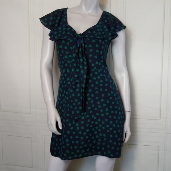 Forever 21 SZ Small Mini Dress Navy Blue with Green Hearts Flutter Cap Sleeve - Picture 10 of 10